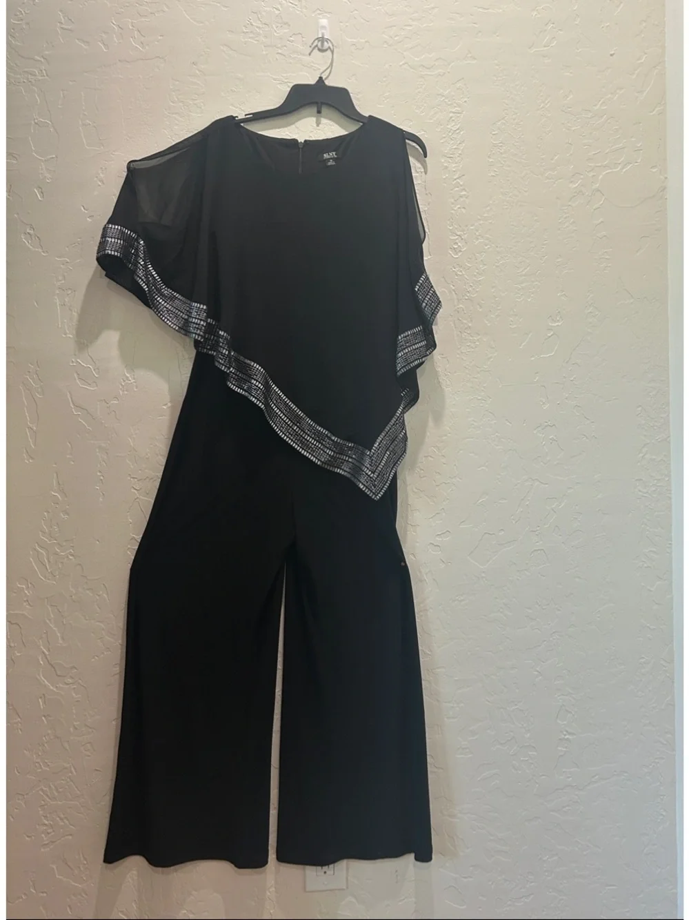 SLNY Black Wide-Leg Jumpsuit with Silver Embellished Overlay - Picture 1 of 9